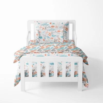 Bacati - Jungle Safari Boys Aqua/Orage Muslin 5 Pc Toddler Bedding Set With Dec Pillow 1 Bacati - Jungle Safari Boys Aqua/Orage Muslin 5 Pc Toddler Bedding Set With Dec Pillow