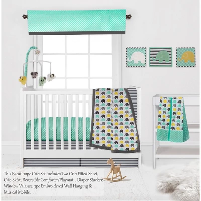 Bacati - Elephants Mint/Yellow/Gray 10 Pc Crib Bedding Set With 2 Crib Fitted Sheets 3 Bacati - Elephants Mint/Yellow/Gray 10 Pc Crib Bedding Set With 2 Crib Fitted Sheets - Image 3