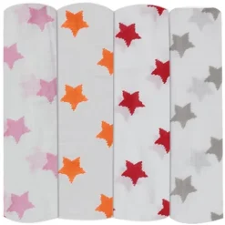 Bacati - Stars Girls Swaddling Muslin Blankets Of 4 (Pink, Orange,Red,Gray) -Baby Products GUEST af1454a4 87cb 4e2a 95a1 16c276f10104