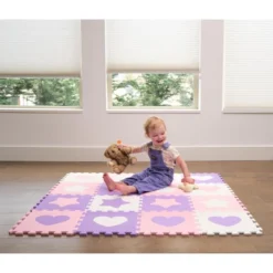 Tadpoles Hearts & Stars Foam Playmats For Kids, 16 Interlocking Foam Tiles | Total Coverage 50 X 50 | For Ages 3 And Up | Pink, Purple & White