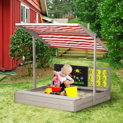 Outsunny Kids Sandbox With Adjustable Canopy, Bench Seats Wooden Sandbox, Backyard Toy With Chalkboard, Tic Tac Toe Game, Gift For Ages 3-7 2 Outsunny Kids Sandbox With Adjustable Canopy, Bench Seats Wooden Sandbox, Backyard Toy With Chalkboard, Tic Tac Toe Game, Gift For Ages 3-7 - Image 2